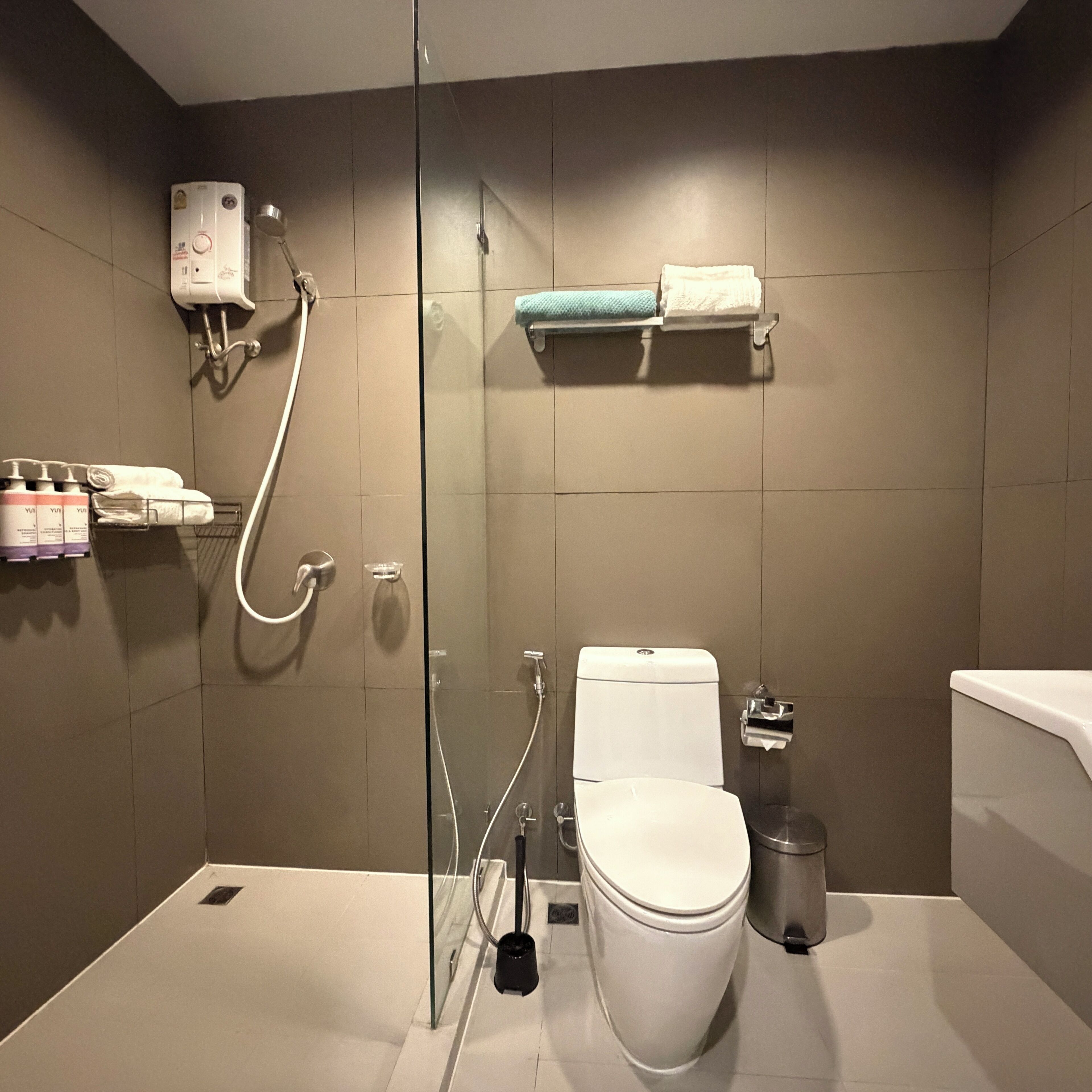 Hair dryer, towels, shampoo, toilet paper