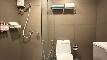 Hair dryer, towels, shampoo, toilet paper