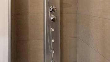 Hair dryer, towels, soap, shampoo