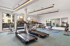 A modern gym with treadmills, elliptical machines, and free weights.