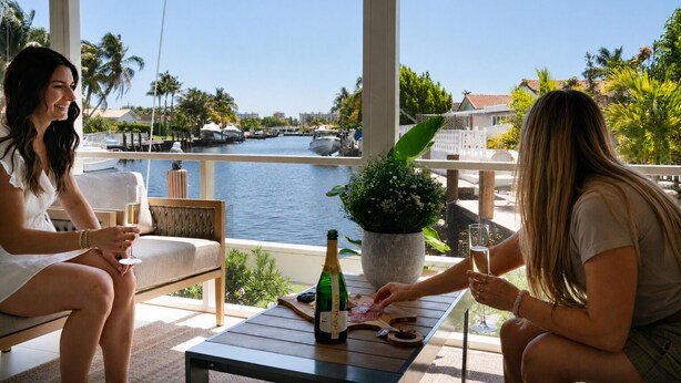 Two people seated at a table with a bottle of champagne, a glass, and a plant on a balcony overlooking a marina with boats and palm trees. - Waterfront 3 King Suites - Dock + Pool Near Beach - Paddleboards Included (Fort Lauderdale)