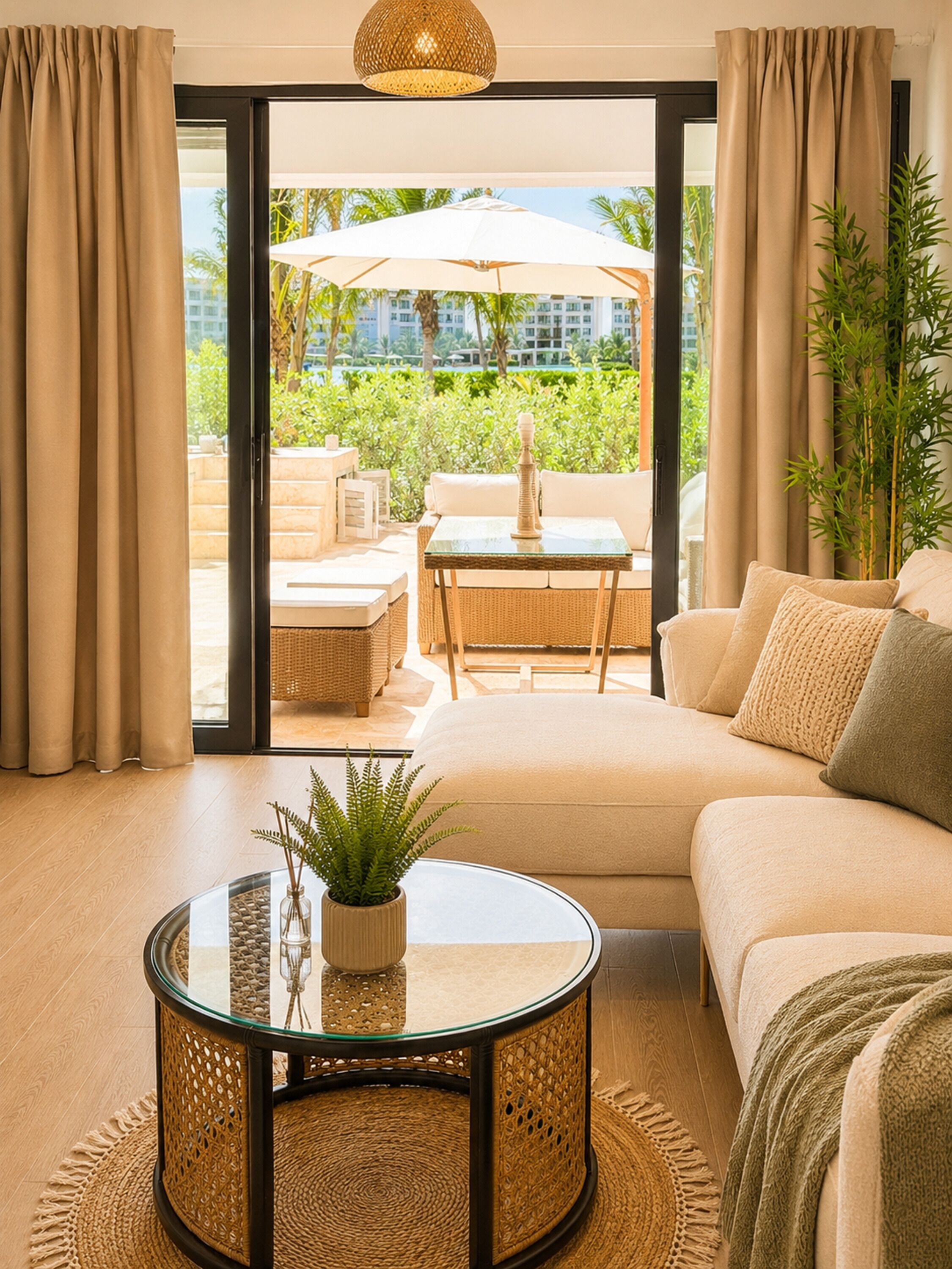 A modern living room with a sofa, a glass coffee table, and a view of an outdoor patio with a white umbrella.