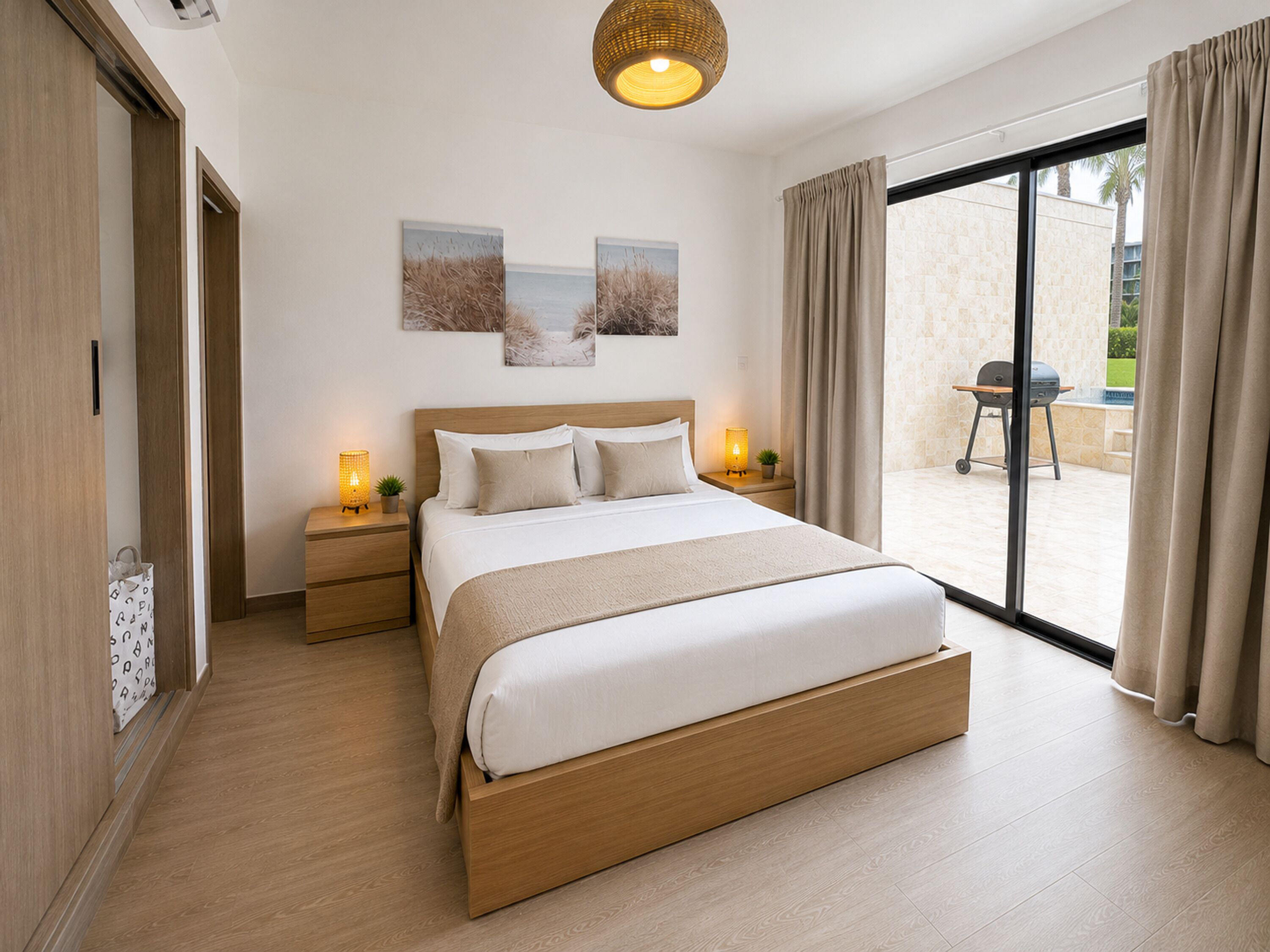 Un dormitorio con una cama grande, cabecera de madera, mesitas de noche con lámparas y vistas a un patio exterior.