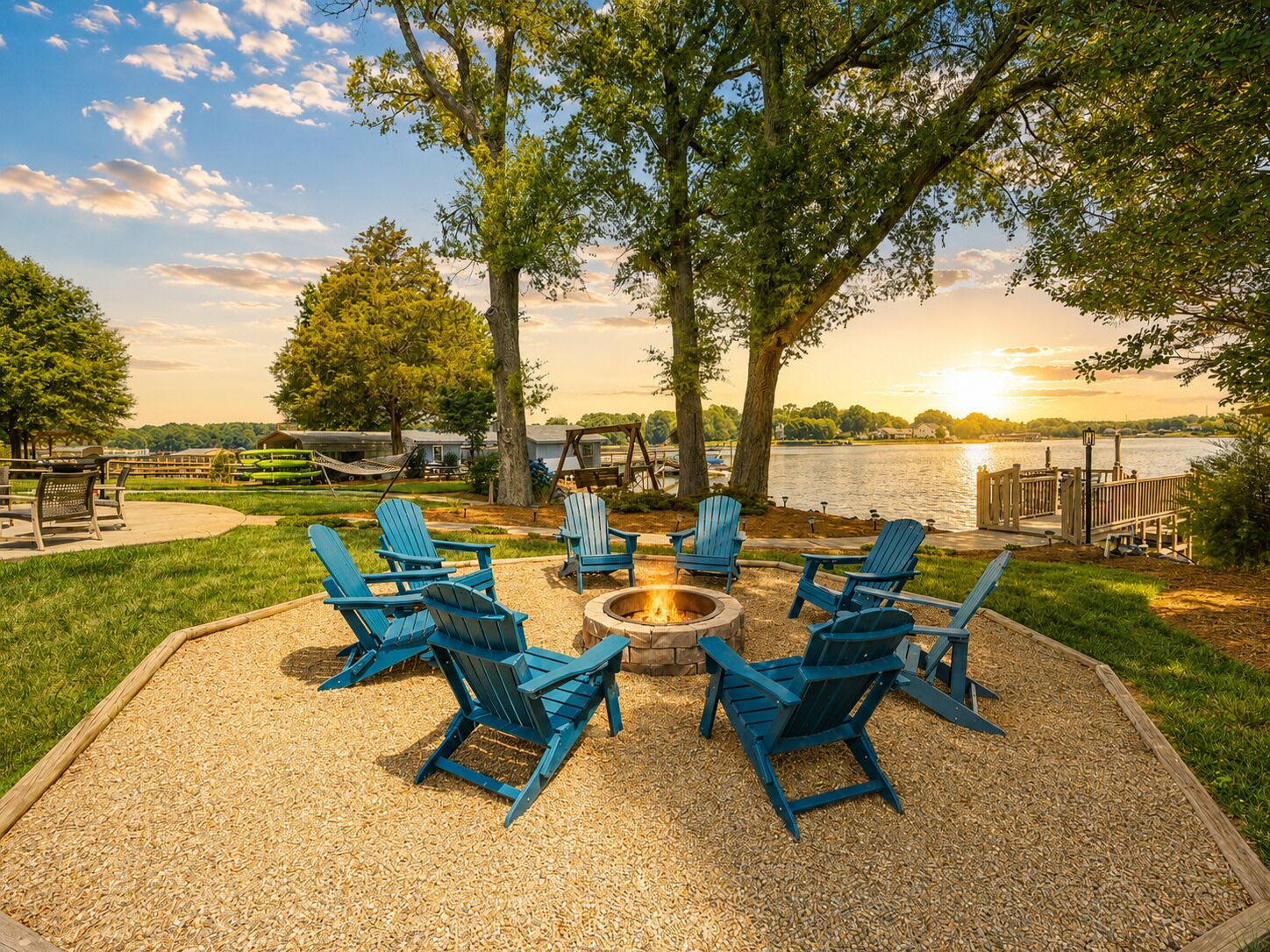 A circular seating area with Adirondack chairs around a fire pit, overlooking a lake with a dock and a wooden deck.