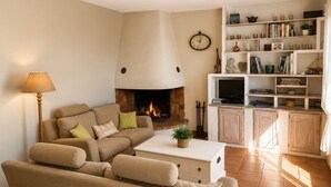 Ein Wohnzimmer mit Kamin, Sofa, Couchtisch und Bücherregal.