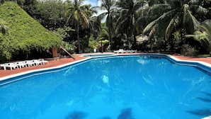 Ein Swimmingpool mit weißen Liegestühlen, umgeben von Palmen und einem Pflasterweg.