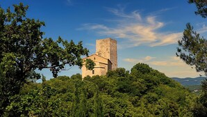 Una chiesa in pietra con un campanile circondata da una fitta foresta verde.