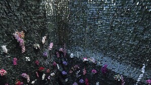 Um jardim no terraço com uma piscina refletora central, rodeado por floreiras e áreas de estar.