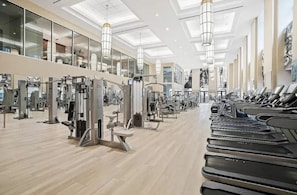 A gym with treadmills, weight machines, and mirrors.