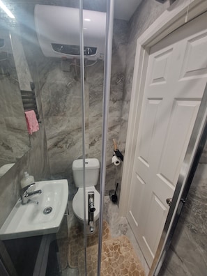 Regadera, secadora de cabello, papel de baño 