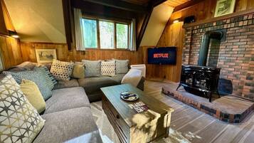 Una Smart TV, una chimenea, libros