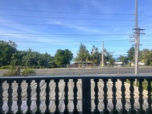 A view from a balcony with a railing, a street with palm trees, and a clear sky.