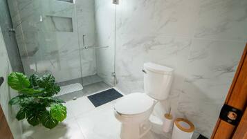 Shower, hair dryer, towels, soap