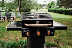 A black outdoor grill with three main burners and an electronic ignition feature. - 2 king beds w/private baths •firepit •walk to town and Lake Charlevoix (Boyne City)