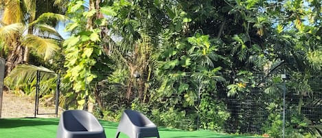 A swimming pool with two lounge chairs and lush greenery in the background.