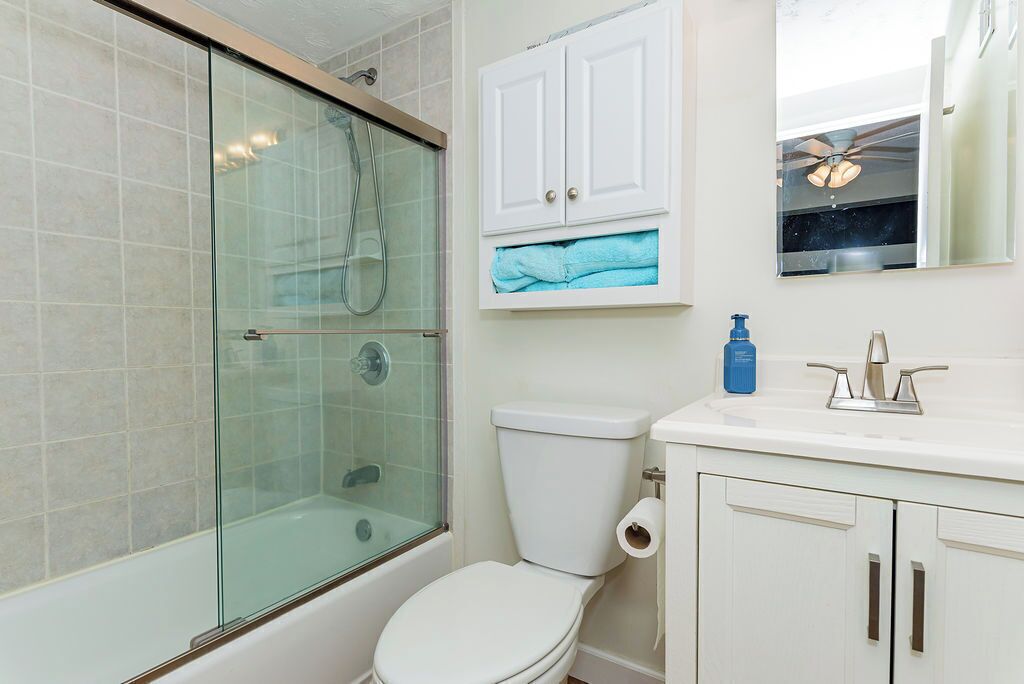 Shower, hair dryer, soap, shampoo