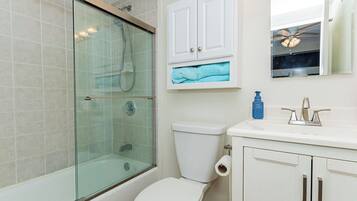 Shower, hair dryer, soap, shampoo