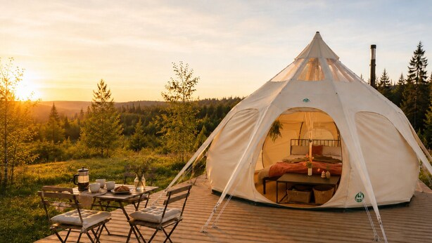Uma tenda em formato de cúpula com uma cama no interior, uma mesa com xícaras e uma panela, e cadeiras em um deck de madeira.