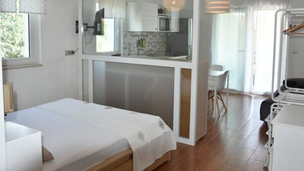 Une chambre comprenant un lit, un coin cuisine, un espace repas et une salle de bain.