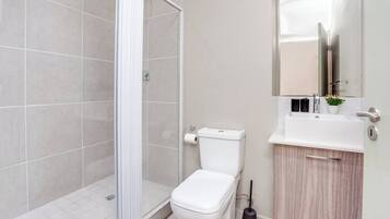 Hair dryer, towels, soap, toilet paper