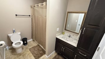Hair dryer, towels, soap, toilet paper