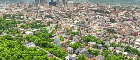 Vista aérea de uma cidade com edifícios urbanos densos, uma mistura de arranha-céus e edifícios baixos, e uma grande área de parque verde em primeiro plano.