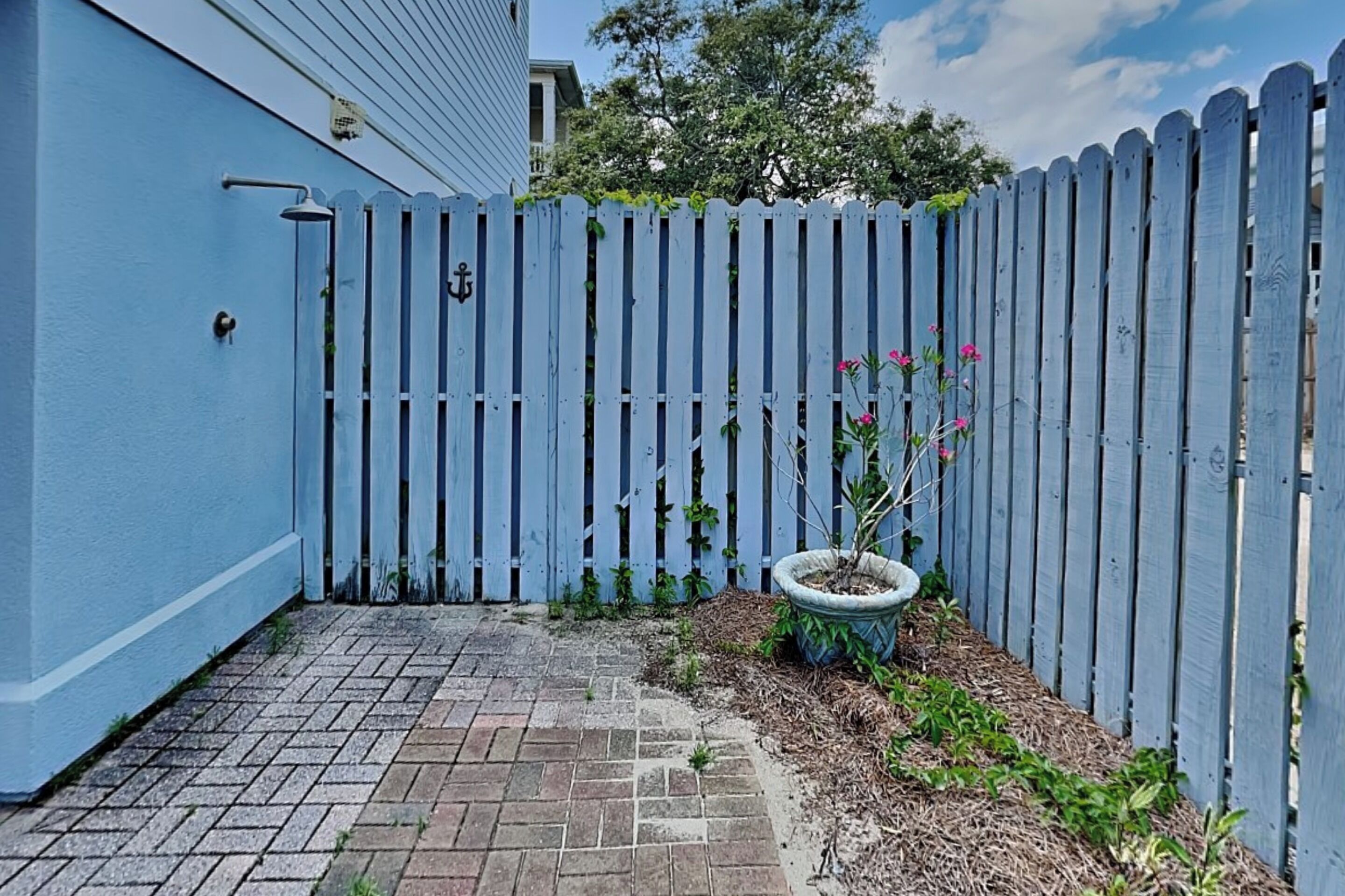 A blue-painted exterior wall, a wooden fence, a brick pathway, and a potted plant with pink flowers.