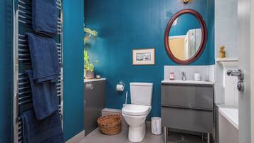 Hair dryer, towels, soap, toilet paper