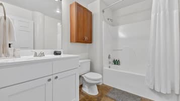 Shower, hair dryer, shampoo