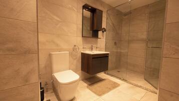 Regadera, toallas, jabón, papel de baño
