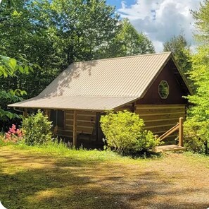 Eine rustikale Holzhütte mit geneigtem Dach, umgeben von üppiger Vegetation und Bäumen.