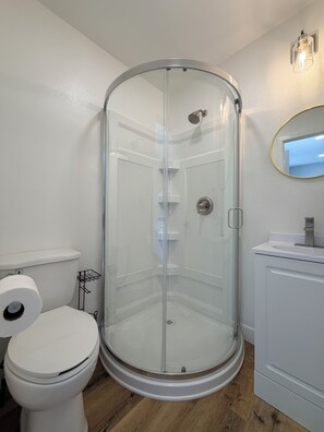 Une salle de bain avec une douche à parois de verre, des toilettes et un lavabo avec un miroir.