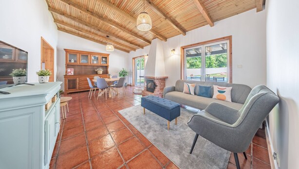 Un'ampia zona giorno con soffitto in legno, camino, divano e sala da pranzo con sedie e tavolo.