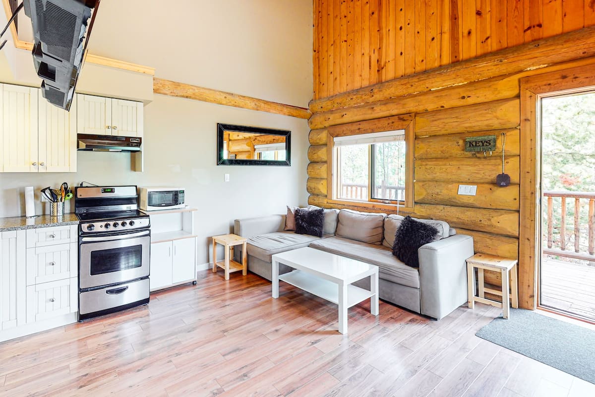 A cozy cabin interior with a kitchenette, a sofa, and a wooden ceiling.
