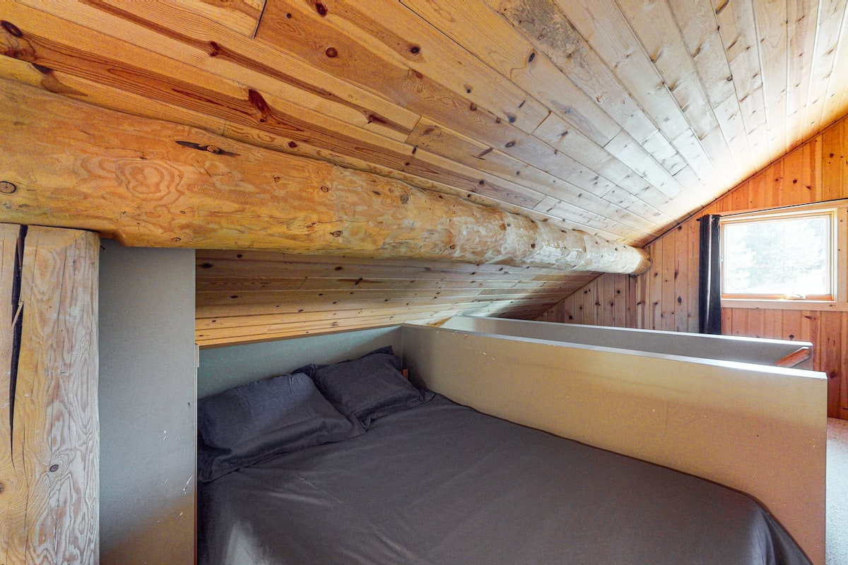 A small, wooden cabin with a loft-style bed under a sloped ceiling.