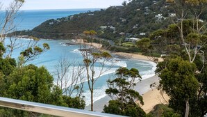 Un paysage côtier comprenant une plage, l’océan et une zone résidentielle située sur une colline.