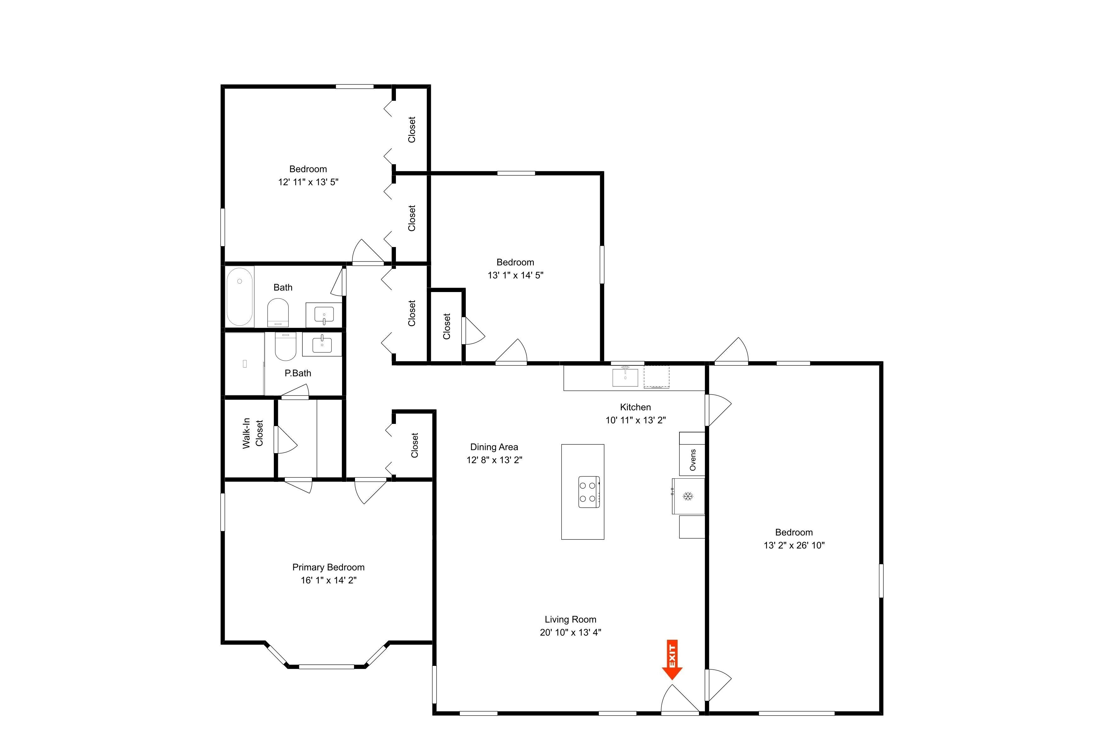 Plano de planta que muestra un dormitorio principal, un dormitorio secundario, baño, comedor, cocina, sala de estar y una salida.