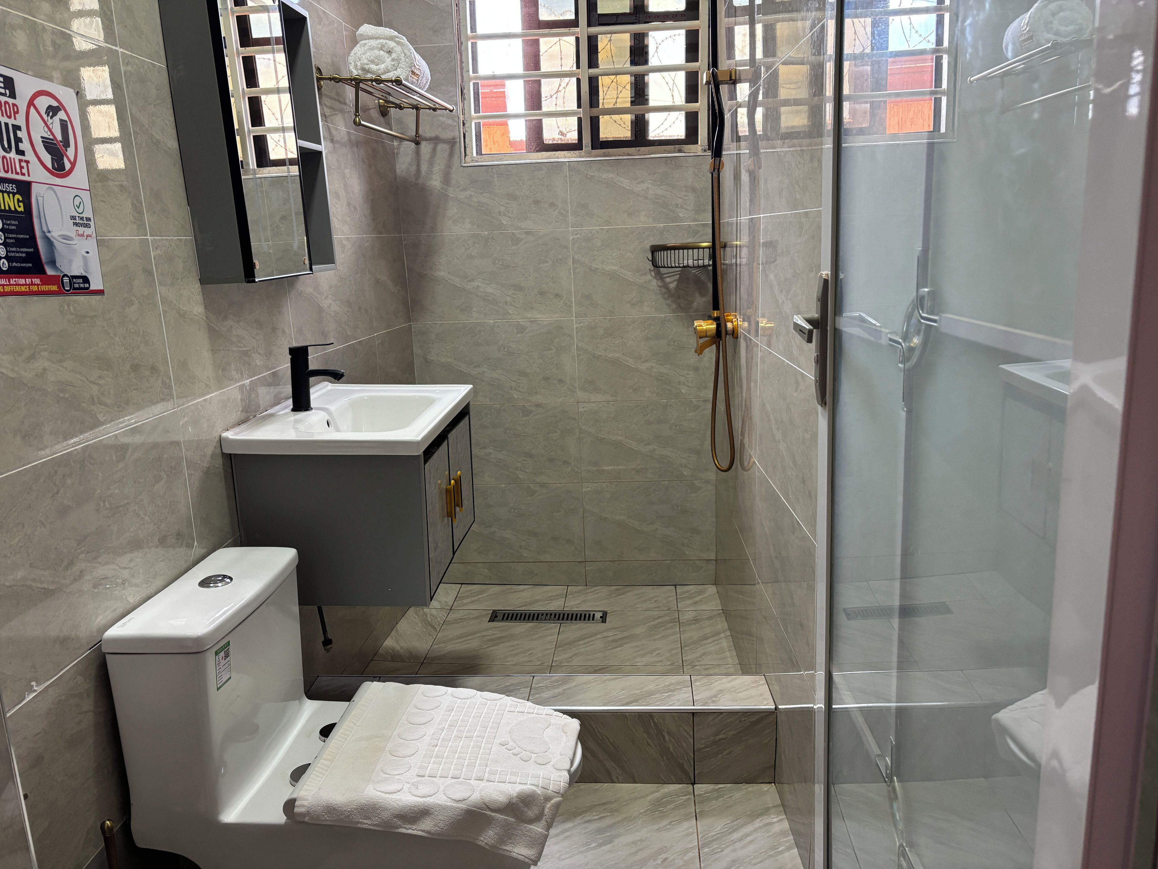 Baño con inodoro, lavamanos y zona de ducha.