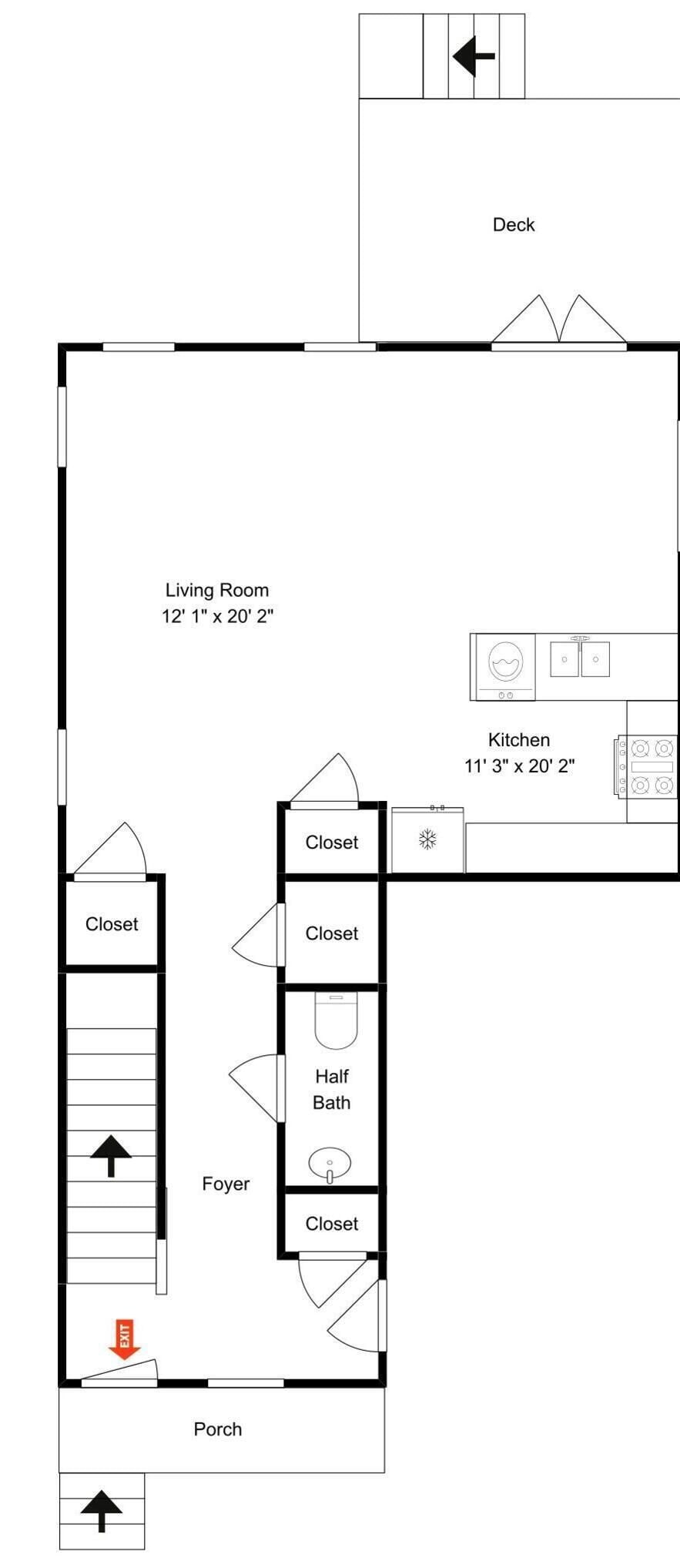 A floor plan with a living room, kitchen, two closets, a half bath, foyer, and an exit.