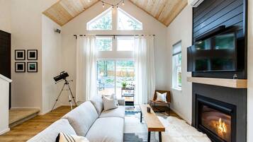 TV, fireplace, books, stereo