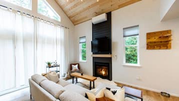 Fernseher, Kamin, Bücher, Stereoanlage