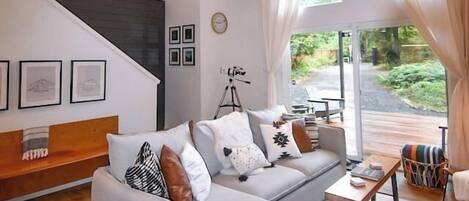 TV, fireplace, books, stereo