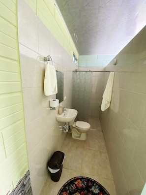 Cabaña estándar, vista a la montaña | Baño | Regadera, toallas, jabón, shampoo 
