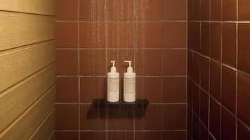Hair dryer, towels, soap, shampoo