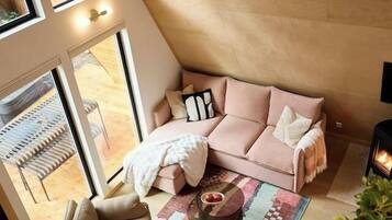 TV, fireplace, books, stereo