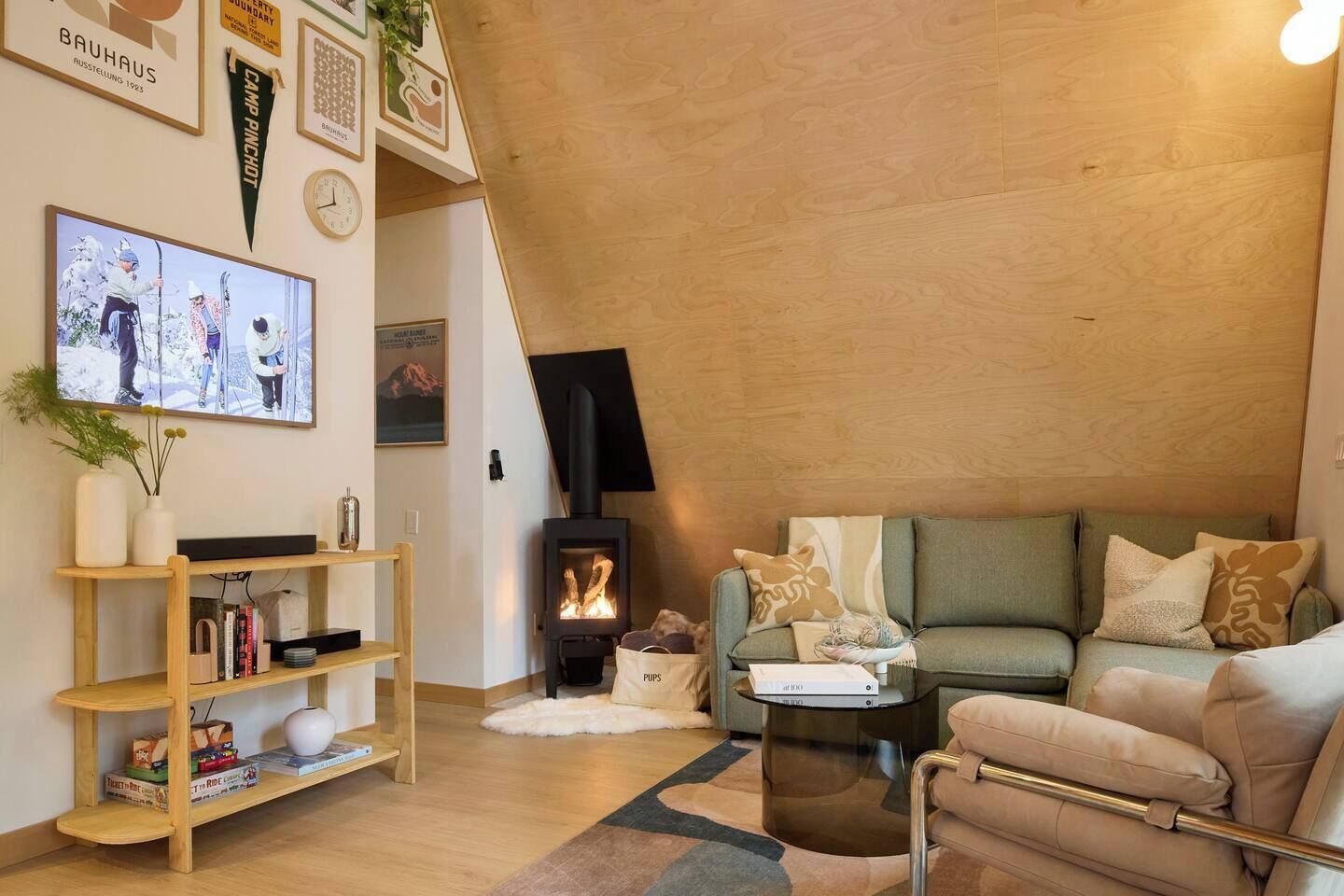 TV, fireplace, books, stereo