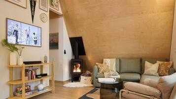 TV, fireplace, books, stereo