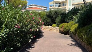 Ein gepflasterter Weg, der von üppiger Vegetation und blühenden Pflanzen gesäumt wird und zu einem Gebäude mit Balkonen führt.