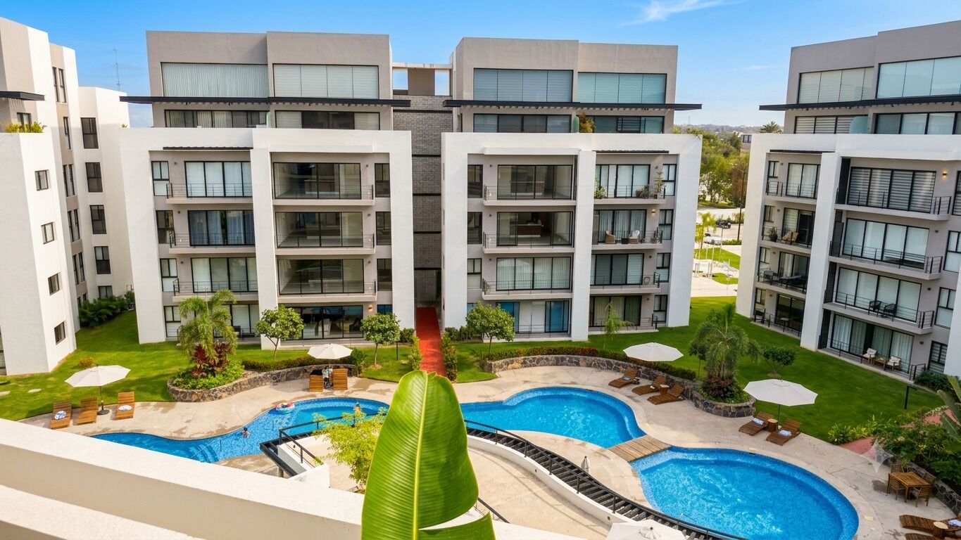 Un hotel moderno con varias plantas, una piscina central y zonas de estar al aire libre.