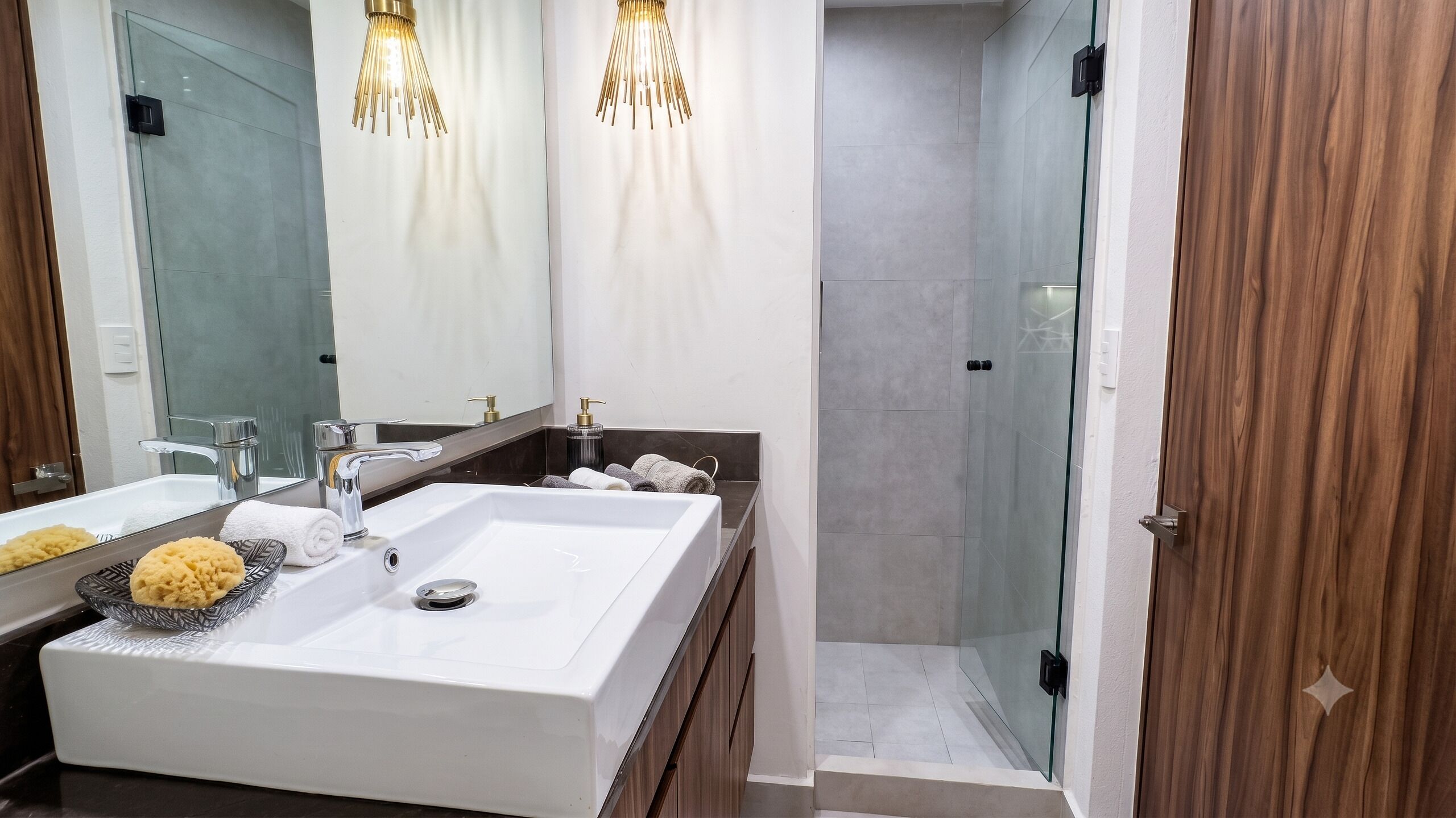 A modern bathroom with a large white sink, two mirrors, a glass shower enclosure, and a wooden door.